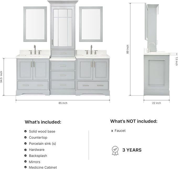 ARIEL Stafford 84-inch Bathroom Vanity with Sink,Solid Wood, 1.5-inch Pure White Quartz Countertop & Backsplash, Double Rectangular Porcelain Sink, 5 Soft Closing Doors, 6 Dovetail Drawers, Grey