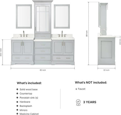 ARIEL Stafford 84-inch Bathroom Vanity with Sink,Solid Wood, 1.5-inch Pure White Quartz Countertop & Backsplash, Double Rectangular Porcelain Sink, 5 Soft Closing Doors, 6 Dovetail Drawers, Grey