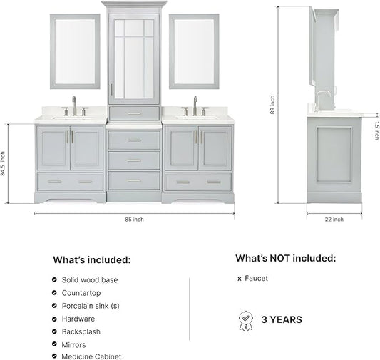ARIEL Stafford 84-inch Bathroom Vanity with Sink,Solid Wood, 1.5-inch Pure White Quartz Countertop & Backsplash, Double Rectangular Porcelain Sink, 5 Soft Closing Doors, 6 Dovetail Drawers, Grey