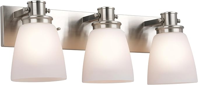 Design House Atkinson Vanity Light, 3-Light, Frosted White Glass Shades, Dimmable, Up/Down Mountable, E26 Socket, Satin Nickel, 23.3 in L x 7.4 in W x 8.6 in H, 589523