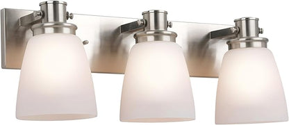 Design House Atkinson Vanity Light, 3-Light, Frosted White Glass Shades, Dimmable, Up/Down Mountable, E26 Socket, Satin Nickel, 23.3 in L x 7.4 in W x 8.6 in H, 589523