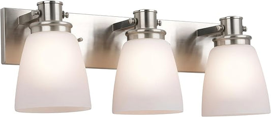Design House Atkinson Vanity Light, 3-Light, Frosted White Glass Shades, Dimmable, Up/Down Mountable, E26 Socket, Satin Nickel, 23.3 in L x 7.4 in W x 8.6 in H, 589523