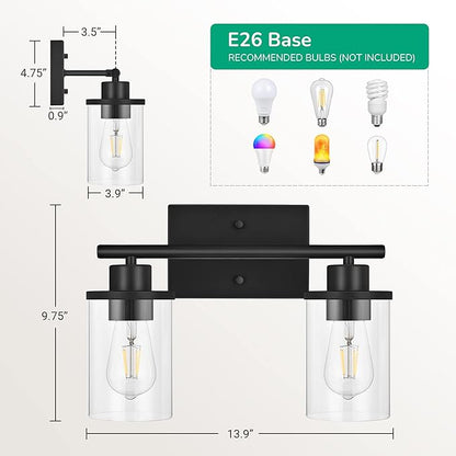 EDISHINE Bathroom Light Fixtures, 2-Light Bathroom Vanity Light with Clear Glass Shades, Matte Black Vanity Lights, Vintage Wall Sconces for Bedroom Living Room Hallway, E26 Base (Bulbs Not Included) | E26 Base (Bulbs Not Included), Vintage Wall Sconce...