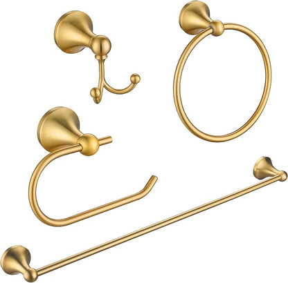4 Pcs Gold Bathroom Hardware Set - Brushed Brass Gold Bathroom Accessories Kit, Stainless Steel Wall Mounted 23.6 Inch Towel Bar | Towel Hook | Toilet Paper Holder | Hand Towel Holder