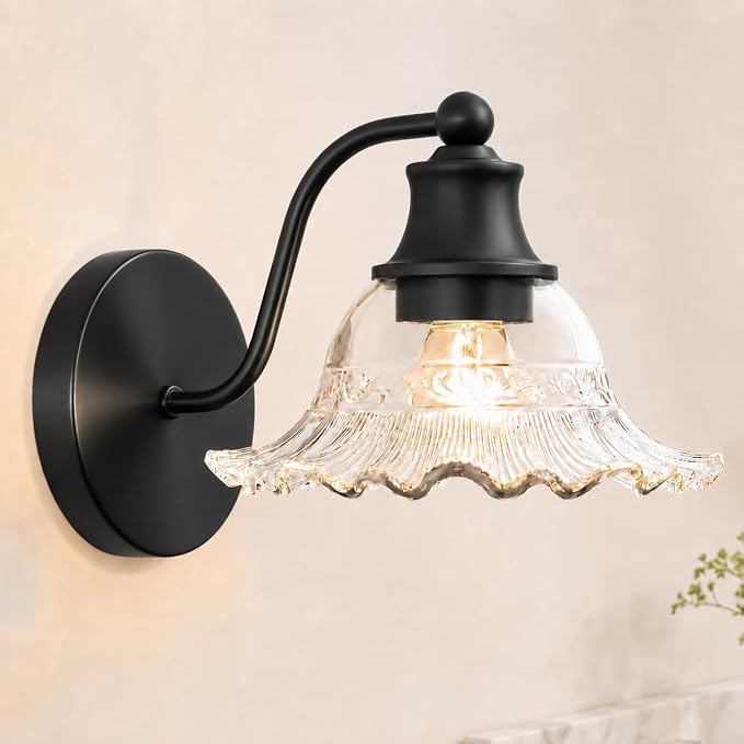 Matte Black Bathroom Wall Sconce Vintage Style, E26 Easy Mounted | Vanity Light with Flower Glass Shade, Bathroom Wall Lighting Fixture Beside Mirror, Easy Mounted for Bedroom, Hallway
