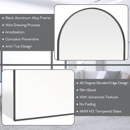 Black Arched Mirror 28x36in, Metal Framed Bathroom Vanity Wall | Tempered Glass, Shatter Proof, Living Room Bedroom Entryway, Modern Elegant Design