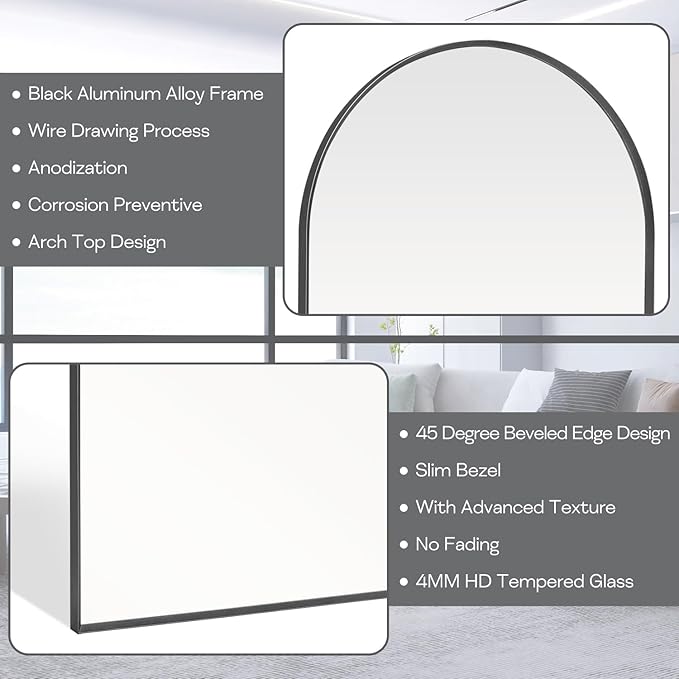 Black Arched Mirror 16x20in, Metal Framed Bathroom Vanity Wall | Tempered Glass, Shatter Proof, Living Room Bedroom Entryway, Modern Elegant Design