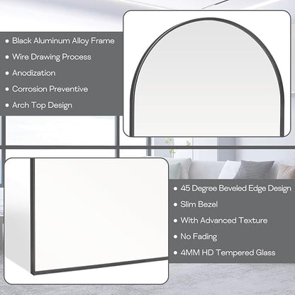 Black Arched Mirror 16x20in, Metal Framed Bathroom Vanity Wall | Tempered Glass, Shatter Proof, Living Room Bedroom Entryway, Modern Elegant Design