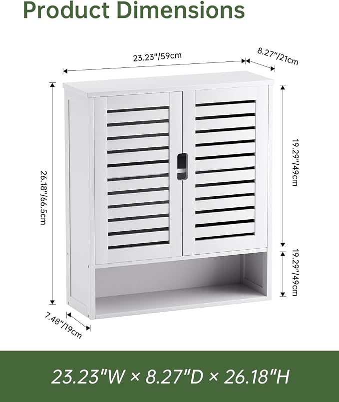 SMIBUY Bathroom Cabinet Wall Mounted, Bamboo Over-The-Toilet Storage Organizer, Space Saver Medicine Cabinet with 2 Door and Adjustable Shelves (White)