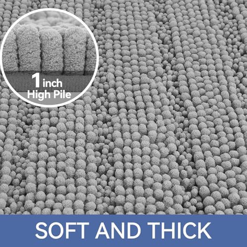 Bcoimo Bath Rug Mat,70x24 Chenille Non Slip Gray Long Bathroom Runner Rugs