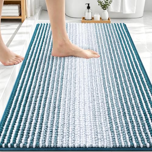 OLANLY Bathroom Rugs 30x20, Soft Chenille Striped Bath Rugs, Peacock Blue