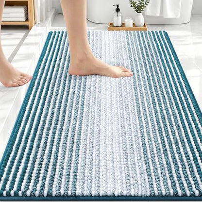 OLANLY Bathroom Rugs 30x20, Soft Chenille Striped Bath Rugs, Peacock Blue