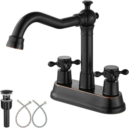 Aolemi 4 Inch Centerset Bathroom Sink Faucet Vintage 2 Cross Handle RV Mixer Tap Basin Vanity Lavatory Utility for Sink 3 Hole Include Hoses Pop Up Drain Faucet Handle Without Label Oil Rubbed Bronze
