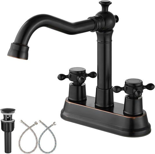 Aolemi 4 Inch Centerset Bathroom Sink Faucet Vintage 2 Cross Handle RV Mixer Tap Basin Vanity Lavatory Utility for Sink 3 Hole Include Hoses Pop Up Drain Faucet Handle Without Label Oil Rubbed Bronze
