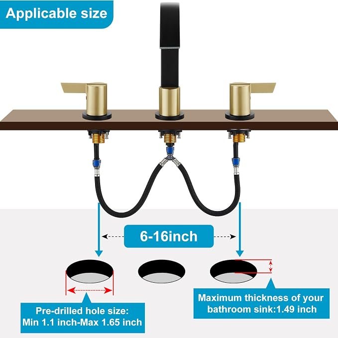 Midanya 8 Inch Widespread Bathroom Sink Faucet 3 Hole,Black and Gold Handle | Waterfall Swivel Spout,2 Handle,SUS304,with Pop Up Drain,cUPC 24" Water Hose,for 6-16” hole distance vanity,RV,Farmhouse Sink