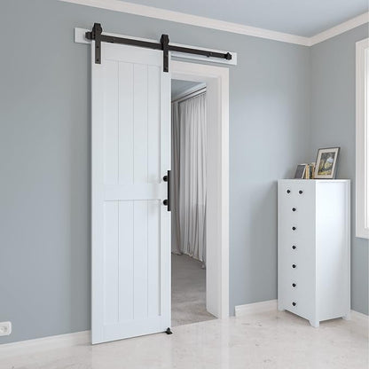 24in x 84in MDF Sliding Barn Door with 4ft Barn Door Hardware Kit & Handle | Pre-Drilled Holes Easy Assembly -Solid Barn Door Slab Covered with Water-Proof PVC Surface, White, H-Frame