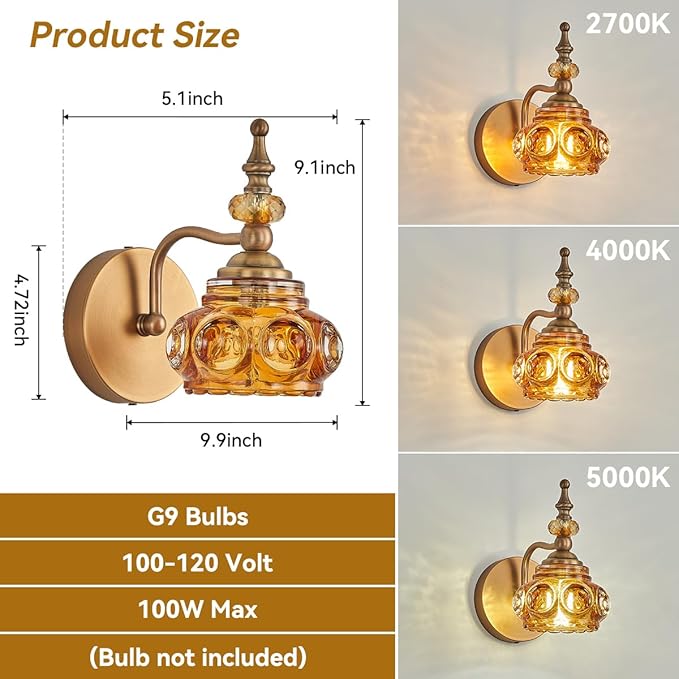 Vintage 2-Pack Wall Sconces Amber Rose Wall Lights Bathroom Vanity Lighting Fixtures, Vanity Light Rust-Proof and Durable for Bedroom Living Room Hallway