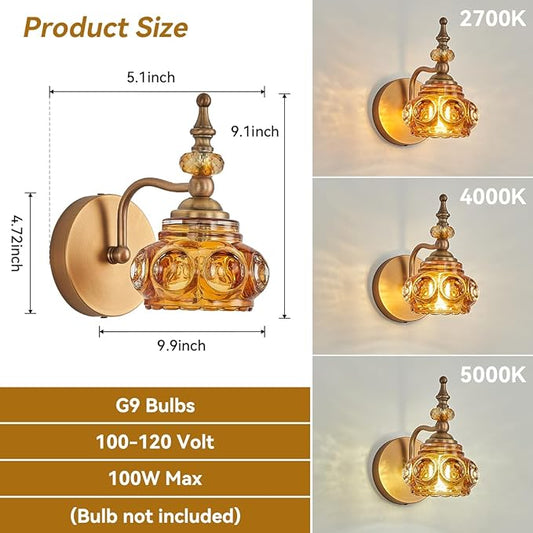 Vintage 2-Pack Wall Sconces Amber Rose Wall Lights Bathroom Vanity Lighting Fixtures, Vanity Light Rust-Proof and Durable for Bedroom Living Room Hallway