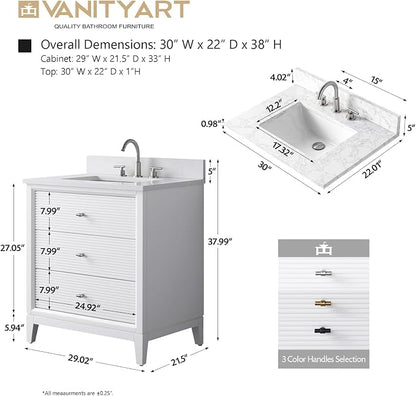 Vanity Art 30" Bathroom Vanity with Single Sink & Ceramic Top, Vanity Cabinet with Soft Closing Door, Solid Wood Frame, Golden Brushed Handles, White VA8130-W-GB