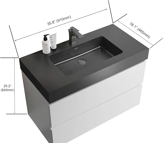 36" Floating Bathroom Vanity with Black Sink, Modern Bathroom Cabinet with Top and Soft Close Drawers, Spacious Storage for Small Space, White - Lavanda Collection
