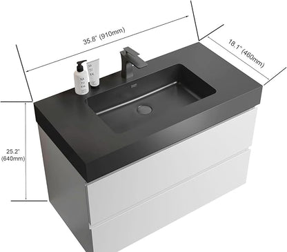 36" Floating Bathroom Vanity with Black Sink, Modern Bathroom Cabinet with Top and Soft Close Drawers, Spacious Storage for Small Space, White - Lavanda Collection