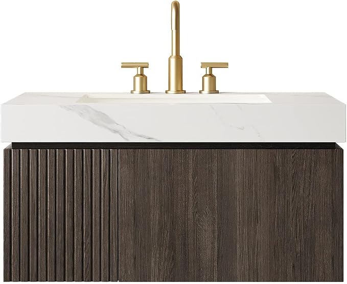 KEIKI 36 Inch Floating Bathroom Vanity with Sink, Espresso & White | Modern Wall Mounted Storage Cabinet w/ Drawer & Door, Pre-assembled Wood Panels, Sintered Stone Top & Ceramic Basin Combo Set