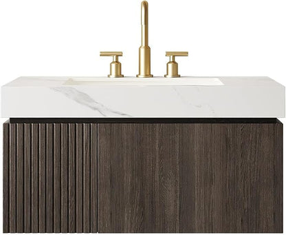 KEIKI 36 Inch Floating Bathroom Vanity with Sink, Espresso & White | Modern Wall Mounted Storage Cabinet w/ Drawer & Door, Pre-assembled Wood Panels, Sintered Stone Top & Ceramic Basin Combo Set