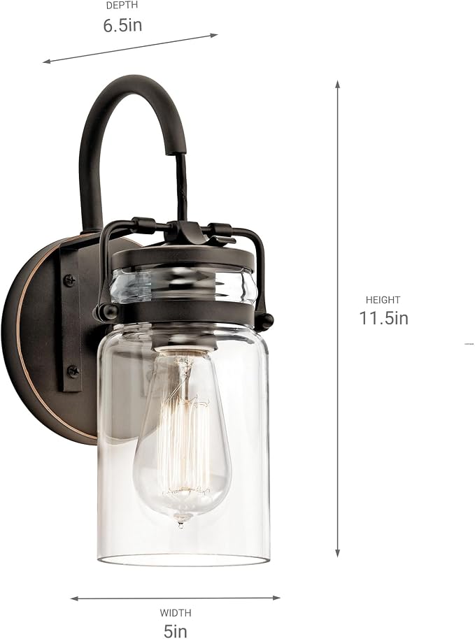 Kichler Brinley 11.5" 1-Light Wall Sconce Light, Brushed Nickel | Mason jar glass shade creates warm ambient light for bathrooms, hallways and dining rooms, 45576NI