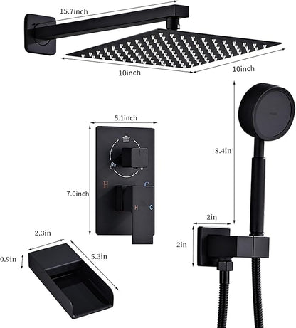 Matte Black Shower System With Tub Spout Faucet Set, Wall Mounted 10 Inch Shower Heads with Handheld Spray Combo and Tub Shower Faucet, Luxury Bathroom Square Rain Shower System - 4 Hooks