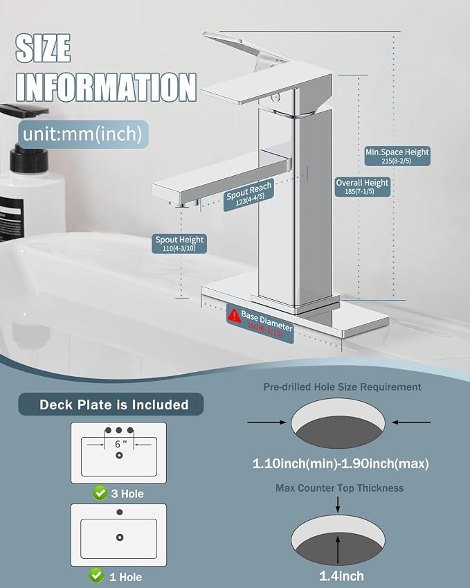 Bathroom Faucet, Bathroom Sink Faucets with Pop-up Drain and Deck Plate, Single Hole Vanity Sink Faucet for Modern Farmhouse RV Vessel Sink (1~3 Holes), Chrome
