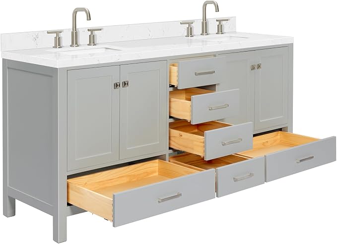 ARIEL Cambridge 72-inch Bathroom Vanity with Sink,Solid Wood, 1.5-inch Carrara White Quartz Countertop, Double Rectangular Porcelain Sink, 4 Soft Closing Doors, 6 Dovetail Drawers, Grey
