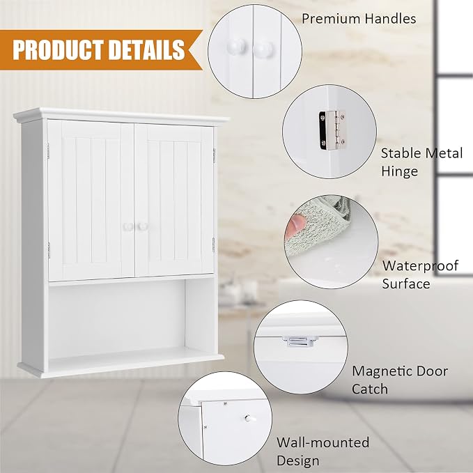 COSTWAY Wall Mounted Bathroom Cabinet, Over The Toilet Storage Cabinet w/Double Doors & Adjustable Shelf, Wood Hanging Medicine Cabinet for Living Room, Entryway, Kitchen (White) | Double Doors & Adjustable Shelf, Wood Hanging Medicine Cabinet for Livi...