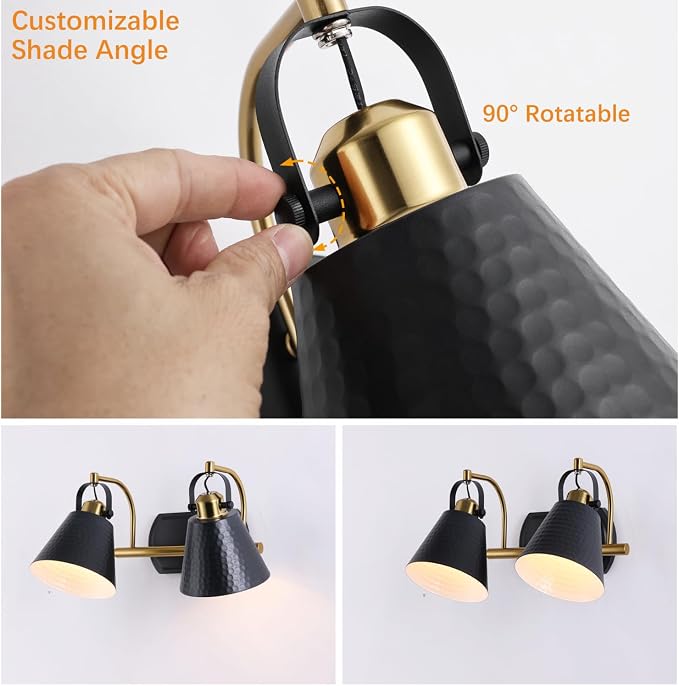2-Lights Black and Gold Vanity Light, Farmhouse Vanity Light with Rotatable Hammered Shade, Bathroom Light Fixtures Over Mirror, Modern Wall Sconces for Bath Mirror Bedroom Living Room Stair Hallway