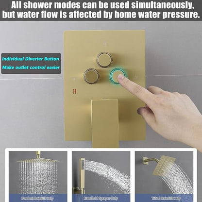 Shower Faucet Set Brushed Gold 12 Inch Ceiling Mount Rainfall Shower System with 2 Rain Shower Head and Handheld Head Push Button Diverter Shower Trim Kit and Rough-in Valve Body