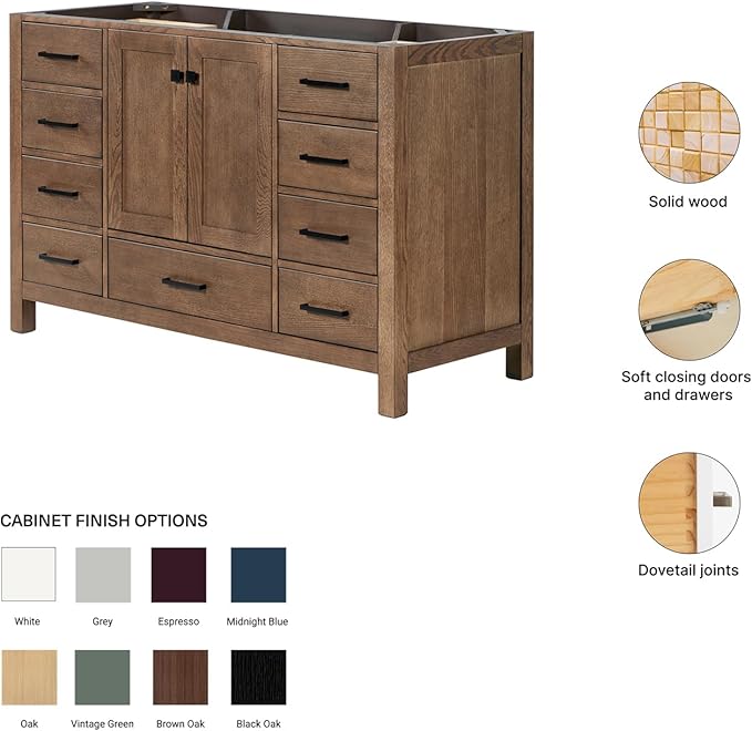 ARIEL Cambridge 54-inch Bathroom Vanity Base Cabinet,Solid Wood, 2 Soft Closing Doors, 9 Dovetail Drawers, Brown Oak