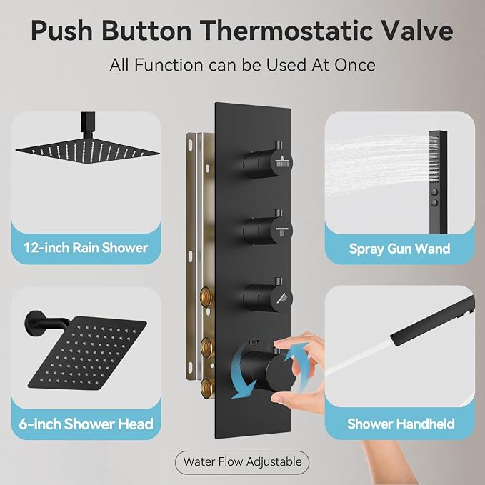 Shower Faucet Set,Thermostatic Shower System,12 Inch Ceiling Mounted and 6 Inch Wall Mount Rain Shower Head with 2 in 1 Handhled,High Pressure Dual Shower Head Combo Set Matte Black