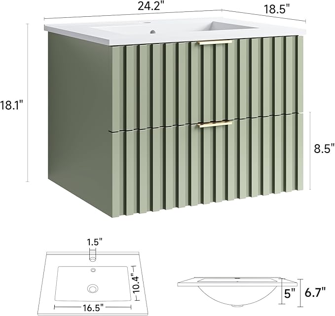 ONBRILL 24 Inch Bathroom Vanity with Sink Combo, Floating Bathroom Vanity with 2 Fluted Drawers & Metal Handle, Modern Wall Mount Storage Cabinet with Ceramic Integrated Sink for Small Space (Green)