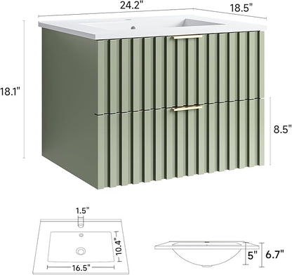 ONBRILL 24 Inch Bathroom Vanity with Sink Combo, Floating Bathroom Vanity with 2 Fluted Drawers & Metal Handle, Modern Wall Mount Storage Cabinet with Ceramic Integrated Sink for Small Space (Green)