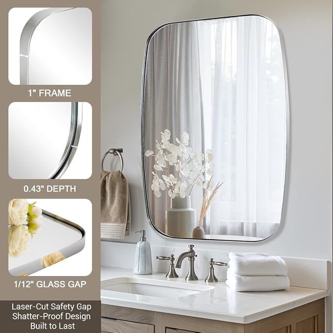 Chrome Oblong Mirror, 32x40 Inch Polished Chrome Oval Mirror for Bathroom with Stainless Steel Metal Frame, Wall Mouned for Bathroom, Living Room, Entryway
