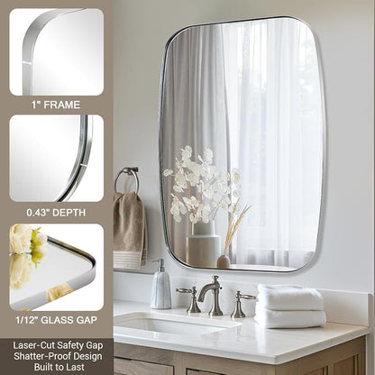 Chrome Oblong Mirror, 32x40 Inch Polished Chrome Oval Mirror for Bathroom with Stainless Steel Metal Frame, Wall Mouned for Bathroom, Living Room, Entryway
