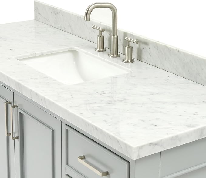 Langford 60-inch Grey Bathroom Vanity with Center Rectangle Single Sink, Italian Carrara Marble Countertop & Backsplash, Solid Wood Frame, Soft-Closing & Dovetail Drawers