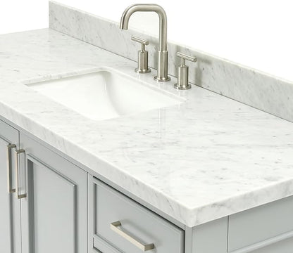 Langford 60-inch Grey Bathroom Vanity with Center Rectangle Single Sink, Italian Carrara Marble Countertop & Backsplash, Solid Wood Frame, Soft-Closing & Dovetail Drawers