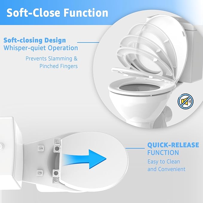 Round Toilet Seat 16.5 Inch & Quick Release - Quick Connect, Standard Toilet Lid Soft Close, PP Material Safe & Easy Clean and Install, Sturdy Accessories Never Loosen, White Plastic