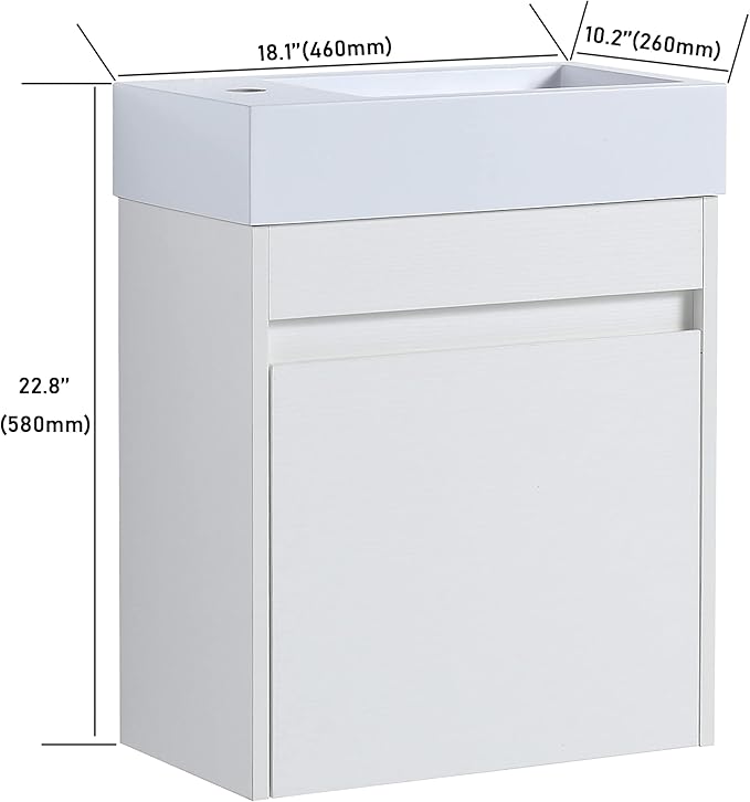 18 Inch Bathroom Vanity with Sink,Wall Mounted Bathroom Vanity Sink Combo with Soft Close Door for Small Space,Modern Floating Bathroom Vanity with Top Basin & Storage Cabinet,White