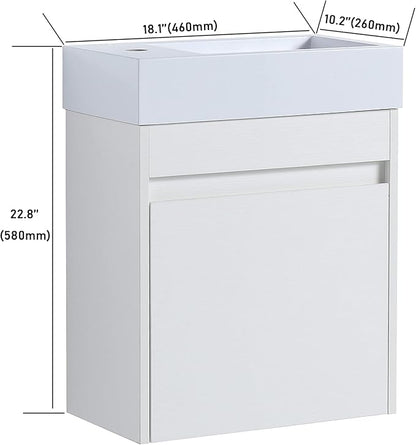 Malwee 18" Floating Bathroom Vanity with Sink, Mordern White Vanity Combo for Small Bathroom, Single Bath Wall Mounted Cabinet Side for Narrow Space, 1 Door and 1 Resin Basin. (005)