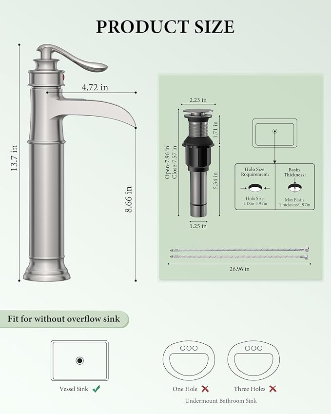 Homevacious Vessel Sink Faucet Tall Bathroom Faucets Waterfall Brushed Nickel Brass Single Handle 1 Hole with Pop Up Drain and Supply Line Farmhouse Lavatory Vanity