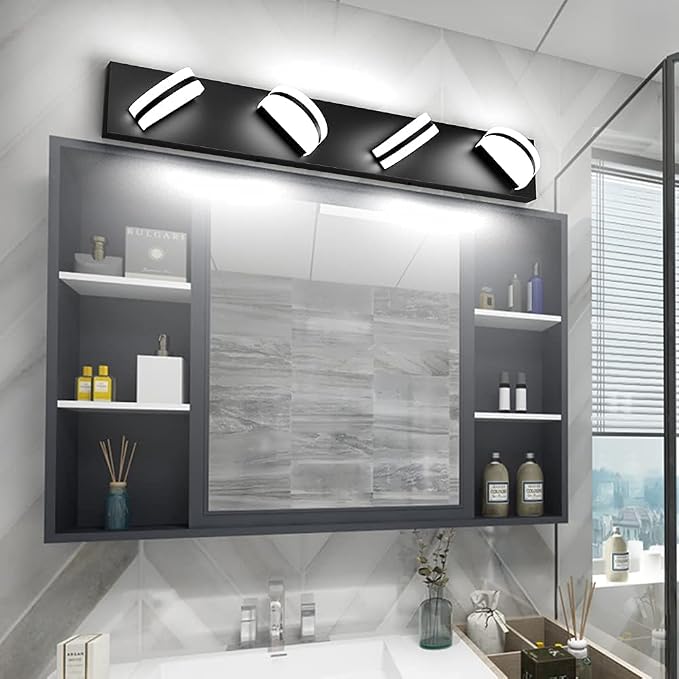 Aipsun 4 Lights Modern Black Vanity Light Up and Down Black Bathroom Lighting Fixtures LED Bathroom Wall Light Over Mirror 6000K