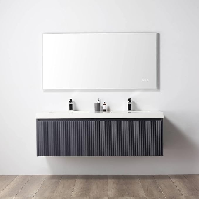 Blossom 60 Inch Double Sink Bathroom Vanity, All Wood Wall Mounted Floating Bathroom Vanity Cabinet with Acrylic Sink, Bathroom Sink Cabinet with Soft-Close Drawers, Modern Vanities, Night Blue