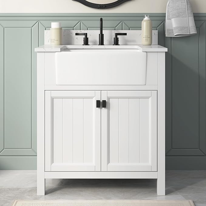 30 Inch White Bathroom Vanity with Sink, Farmhouse Bathroom Vanities Cabinet with Soft Closing Doors, Vanity for Bathroom with Apron Farm Sink, Solid Wooden Frame