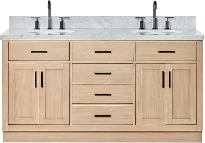 ARIEL Hepburn 66-inch Bathroom Vanity with Sink,Solid Wood, 1.5-inch Italian Carrara Marble Countertop & Backsplash, Double Oval Porcelain Sink, 4 Soft Closing Doors, 6 Dovetail Drawers, White Oak